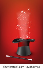 Glossy magic hat, wand and shiny stars on red background- vector illustration