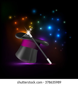 Glossy magic hat, wand and shiny lights - vector illustration