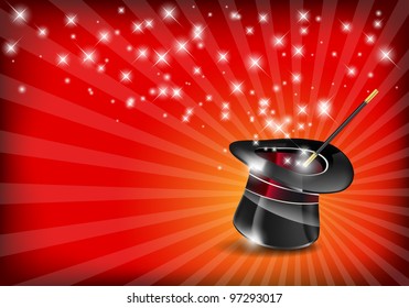 Glossy magic hat and wand with stars - vector file