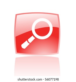Glossy magnifier in red button isolated on white