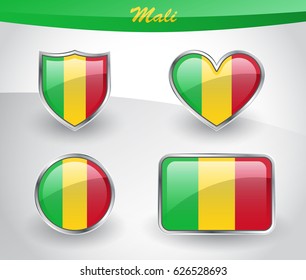 Glossy Mali flag icon set with shield, heart, circle and rectangle shapes in silver frame. Vector illustration.