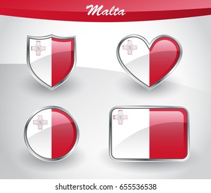 Glossy Malta flag icon set with shield, heart, circle and rectangle shapes in silver frame. Vector illustration.