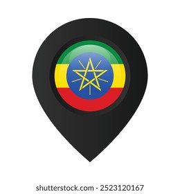 Glossy map pin with the flag of Ethiopia. Black location marker isolated on white background