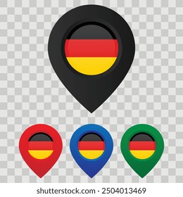 Glossy map pin icons with the flag of Germany. Collection of location markers on grid background