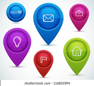 Glossy map pointers with icons - idea, mail, portfolio, home, flag. Vector illustration for your design.