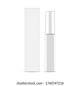 Glossy mascara tube with packaging box mockup isolated on white background. Vector illustration