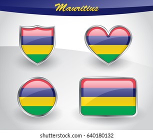 Glossy Mauritius flag icon set with shield, heart, circle and rectangle shapes in silver frame. Vector illustration.