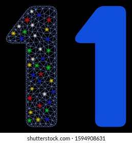 Glossy mesh 1 digit icon with glow effect. Abstract illuminated model of 1 digit. Shiny wire carcass polygonal mesh 1 digit icon. Vector abstraction on a black background.