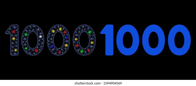 Glossy mesh 1000 digits text icon with lightspot effect. Abstract illuminated model of 1000 digits text. Shiny wire frame polygonal network 1000 digits text icon.