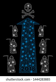 Glossy mesh 2018 scytheman future road with glitter effect. Abstract illuminated model of 2018 scytheman future road icon. Shiny wire frame polygonal mesh 2018 scytheman future road.
