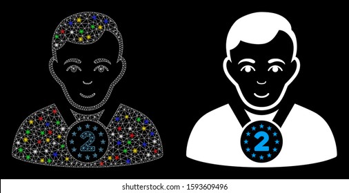 Glossy mesh 2nd prizer sportsman icon with glow effect. Abstract illuminated model of 2nd prizer sportsman. Shiny wire carcass polygonal mesh 2nd prizer sportsman icon.