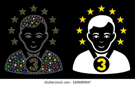 Glossy mesh 3rd prizer sportsman icon with lightspot effect. Abstract illuminated model of 3rd prizer sportsman. Shiny wire carcass triangular mesh 3rd prizer sportsman icon.