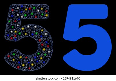 Glossy mesh 5 digit icon with glare effect. Abstract illuminated model of 5 digit. Shiny wire frame triangular mesh 5 digit icon. Vector abstraction on a black background.