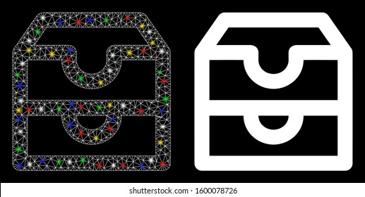 Glossy mesh account boxes icon with glitter effect. Abstract illuminated model of account boxes. Shiny wire frame triangular mesh account boxes icon. Vector abstraction on a black background.
