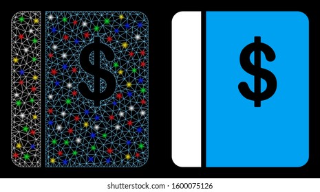 Glossy mesh accounting book icon with glow effect. Abstract illuminated model of accounting book. Shiny wire carcass triangular mesh accounting book icon. Vector abstraction on a black background.