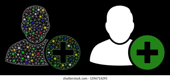 Glossy mesh add user icon with glitter effect. Abstract illuminated model of add user. Shiny wire frame triangular mesh add user icon. Vector abstraction on a black background.