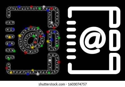 Glossy mesh Address email icon with glow effect. Abstract illuminated model of Address email. Shiny wire frame polygonal mesh Address email icon. Vector abstraction on a black background.