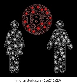 Glossy mesh for adults with sparkle effect. Abstract illuminated model of for adults icon. Shiny wire carcass triangular mesh for adults. Vector abstraction on a black background.