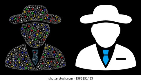 Glossy mesh agent icon with glow effect. Abstract illuminated model of agent. Shiny wire frame triangular mesh agent icon. Vector abstraction on a black background.