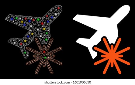 Glossy mesh aiplane explosion icon with lightspot effect. Abstract illuminated model of aiplane explosion. Shiny wire frame triangular mesh aiplane explosion icon.