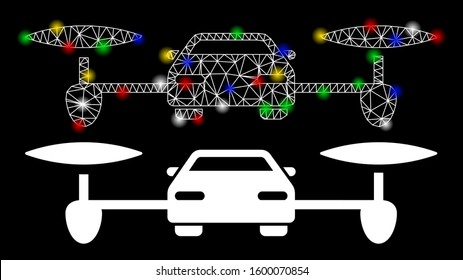 Glossy mesh air car icon with glow effect. Abstract illuminated model of air car. Shiny wire carcass polygonal mesh air car icon. Vector abstraction on a black background.
