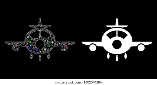Glossy mesh aircraft icon with glow effect. Abstract illuminated model of aircraft. Shiny wire carcass triangular mesh aircraft icon. Vector abstraction on a black background.