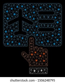 Glossy mesh airline ticket booking with glare effect. Abstract illuminated model of airline ticket booking icon. Shiny wire frame triangular mesh airline ticket booking.