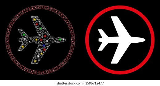 Glossy mesh airport icon with glow effect. Abstract illuminated model of airport. Shiny wire frame triangular mesh airport icon. Vector abstraction on a black background.