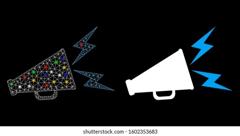 Glossy mesh alert megaphone icon with glow effect. Abstract illuminated model of alert megaphone. Shiny wire carcass triangular mesh alert megaphone icon. Vector abstraction on a black background.