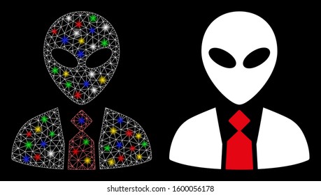 Glossy mesh alien boss icon with glare effect. Abstract illuminated model of alien boss. Shiny wire carcass triangular mesh alien boss icon. Vector abstraction on a black background.