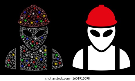 Glossy mesh alien builder icon with sparkle effect. Abstract illuminated model of alien builder. Shiny wire carcass polygonal mesh alien builder icon. Vector abstraction on a black background.