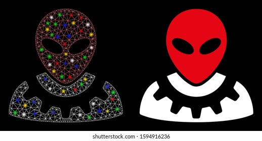 Glossy mesh alien engineer icon with glare effect. Abstract illuminated model of alien engineer. Shiny wire frame triangular mesh alien engineer icon. Vector abstraction on a black background.