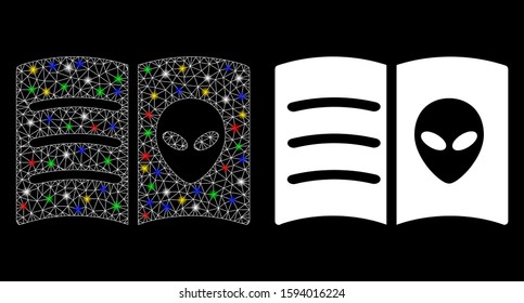 Glossy mesh alien face book icon with glare effect. Abstract illuminated model of alien face book. Shiny wire frame polygonal mesh alien face book icon. Vector abstraction on a black background.