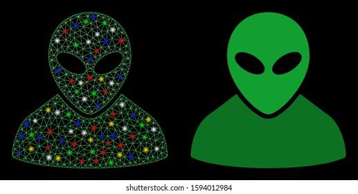 Glossy mesh alien icon with sparkle effect. Abstract illuminated model of alien. Shiny wire carcass polygonal mesh alien icon. Vector abstraction on a black background.