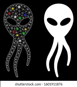 Glossy mesh alien microbe icon with sparkle effect. Abstract illuminated model of alien microbe. Shiny wire frame polygonal mesh alien microbe icon. Vector abstraction on a black background.