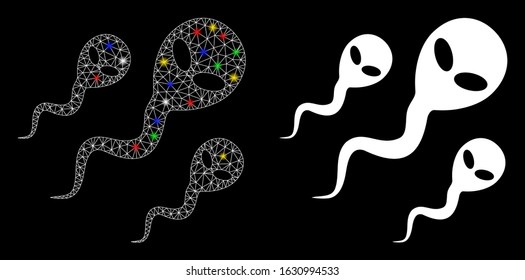 Glossy mesh alien sperm icon with sparkle effect. Abstract illuminated model of alien sperm. Shiny wire frame polygonal mesh alien sperm icon. Vector abstraction on a black background.