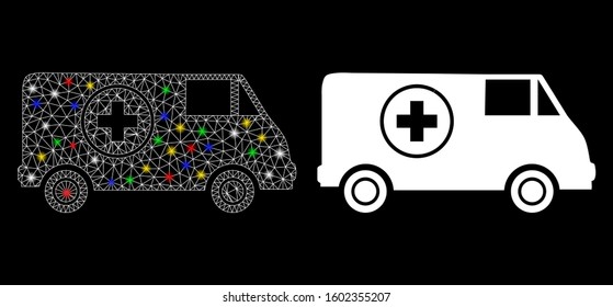 Glossy mesh ambulance car icon with lightspot effect. Abstract illuminated model of ambulance car. Shiny wire frame polygonal mesh ambulance car icon. Vector abstraction on a black background.