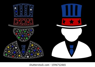 Glossy mesh American capitalist icon with lightspot effect. Abstract illuminated model of American capitalist. Shiny wire frame triangular mesh American capitalist icon.