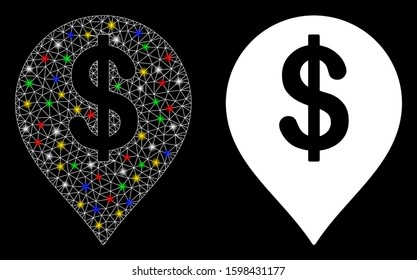 Glossy mesh American Dollar marker icon with sparkle effect. Abstract illuminated model of American Dollar marker. Shiny wire carcass triangular mesh American Dollar marker icon.