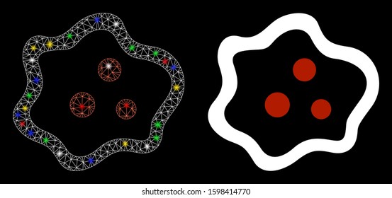 Glossy mesh amoeba icon with glitter effect. Abstract illuminated model of amoeba. Shiny wire frame triangular mesh amoeba icon. Vector abstraction on a black background.