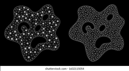 Glossy mesh amoeba with lightspot effect. Abstract illuminated model of amoeba icon. Shiny wire carcass polygonal network amoeba icon. Vector abstraction on a black background.