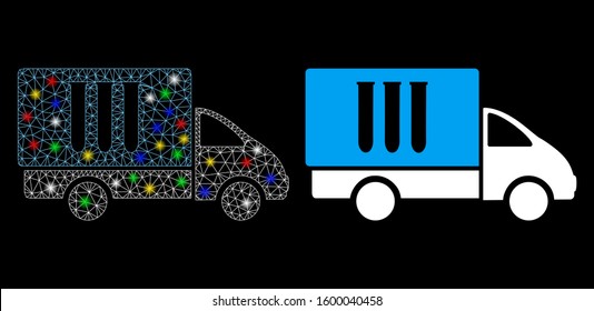 Glossy mesh analysis delivery icon with lightspot effect. Abstract illuminated model of analysis delivery. Shiny wire carcass polygonal network analysis delivery icon.