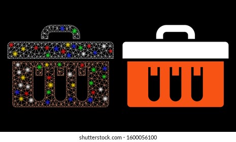 Glossy mesh analysis tubes case icon with glitter effect. Abstract illuminated model of analysis tubes case. Shiny wire frame triangular mesh analysis tubes case icon.