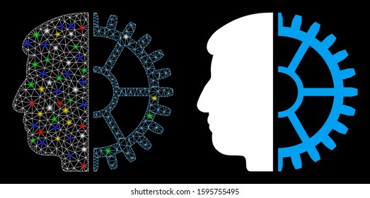 Glossy mesh android head icon with glitter effect. Abstract illuminated model of android head. Shiny wire carcass polygonal mesh android head icon. Vector abstraction on a black background.