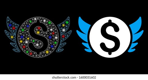 Glossy mesh angel investment icon with glow effect. Abstract illuminated model of angel investment. Shiny wire carcass triangular mesh angel investment icon. Vector abstraction on a black background.