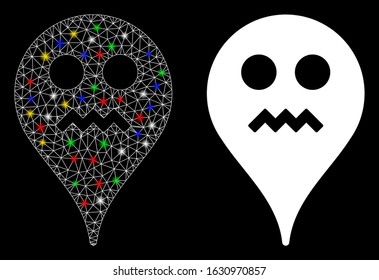 Glossy mesh angry smiley map marker icon with glow effect. Abstract illuminated model of angry smiley map marker. Shiny wire carcass triangular mesh angry smiley map marker icon.