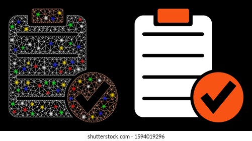 Glossy mesh apply form icon with sparkle effect. Abstract illuminated model of apply form. Shiny wire carcass triangular mesh apply form icon. Vector abstraction on a black background.