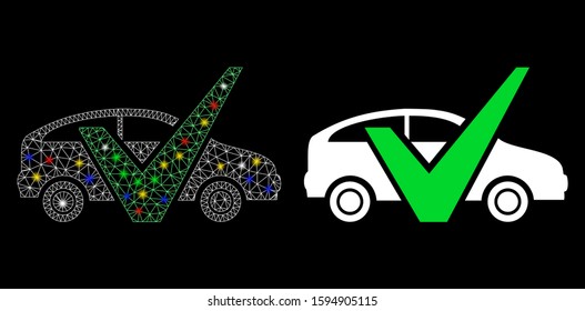 Glossy mesh approved car icon with glitter effect. Abstract illuminated model of approved car. Shiny wire carcass polygonal mesh approved car icon. Vector abstraction on a black background.