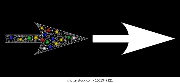 Glossy mesh arrow axis x icon with glare effect. Abstract illuminated model of arrow axis x. Shiny wire frame polygonal network arrow axis x icon. Vector abstraction on a black background.