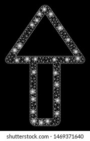 Glossy mesh up arrow with sparkle effect. Abstract illuminated model of up arrow icon. Shiny wire frame polygonal mesh up arrow. Vector abstraction on a black background.